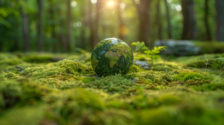 226405652-environnement-globe-vert-en-forêt-avec-mousse-et-lumière-du-soleil-abstraite-défocalisée-le-jour-de