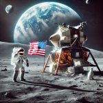 Apollo 11 lunar module on the Moon with Neil Armstrong or Buzz Aldrin standing next to the American flag, with Earth visible in the background