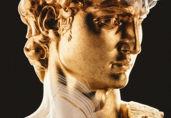 a close up of a statue of a man with curly hair